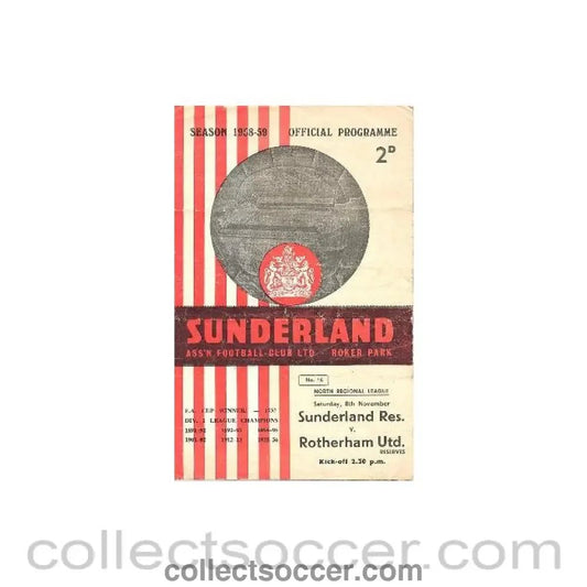 1958 - Sunderland v Rotherham United official programme 08/11/1958 Reserves - Collect Soccer