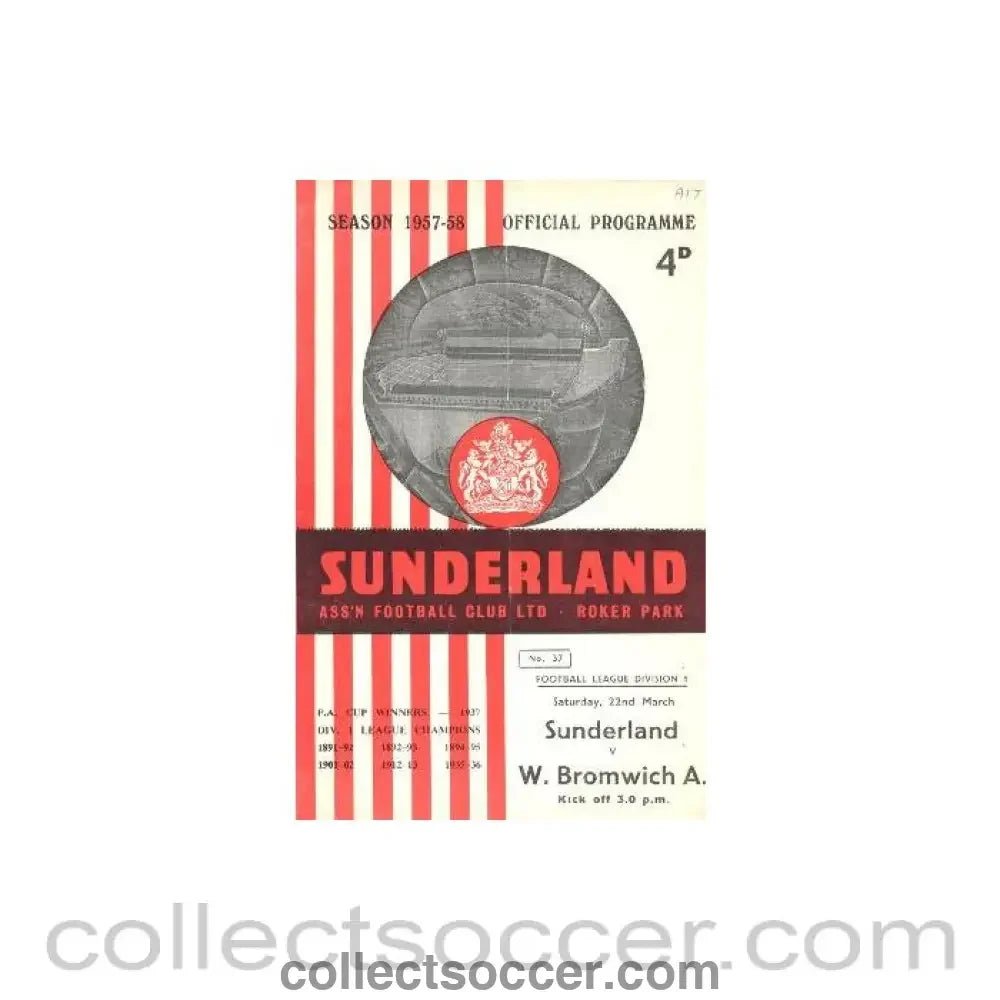 1958 - Sunderland v West Bromwich Albion official programme 22/03/1958 - Collect Soccer