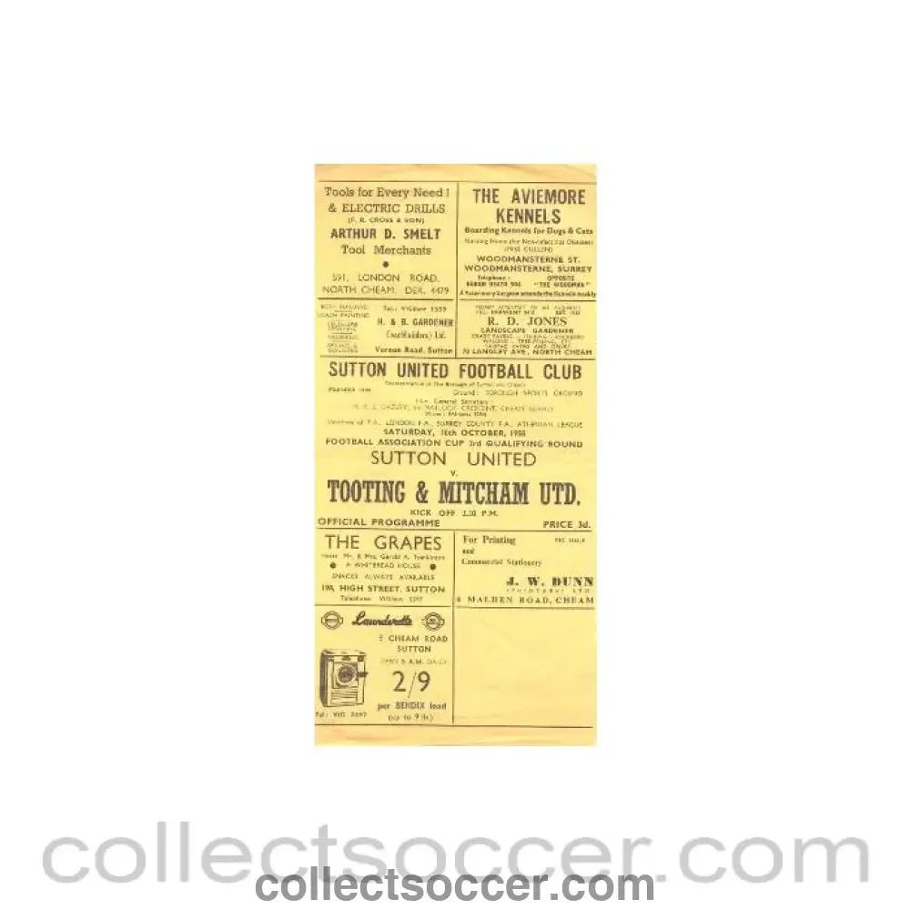 1958 - Sutton United v Tooting & Mitcham United official programme 18/10/1958 - Collect Soccer