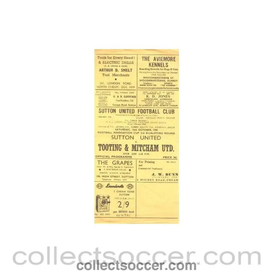 1958 - Sutton United v Tooting & Mitcham United official programme 18/10/1958 - Collect Soccer