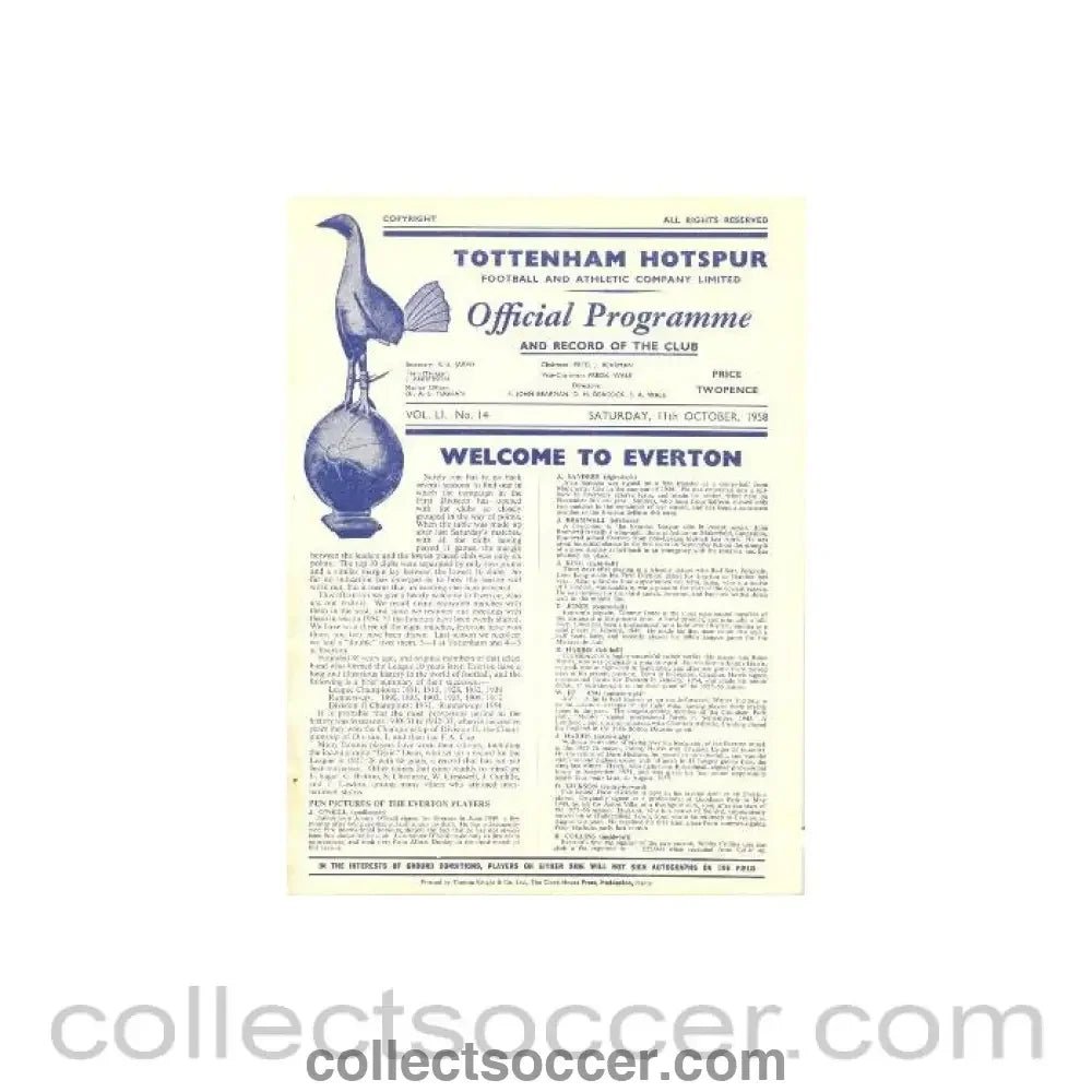 1958 - Tottenham Hotspur v Everton official programme 11/10/1958, - Collect Soccer
