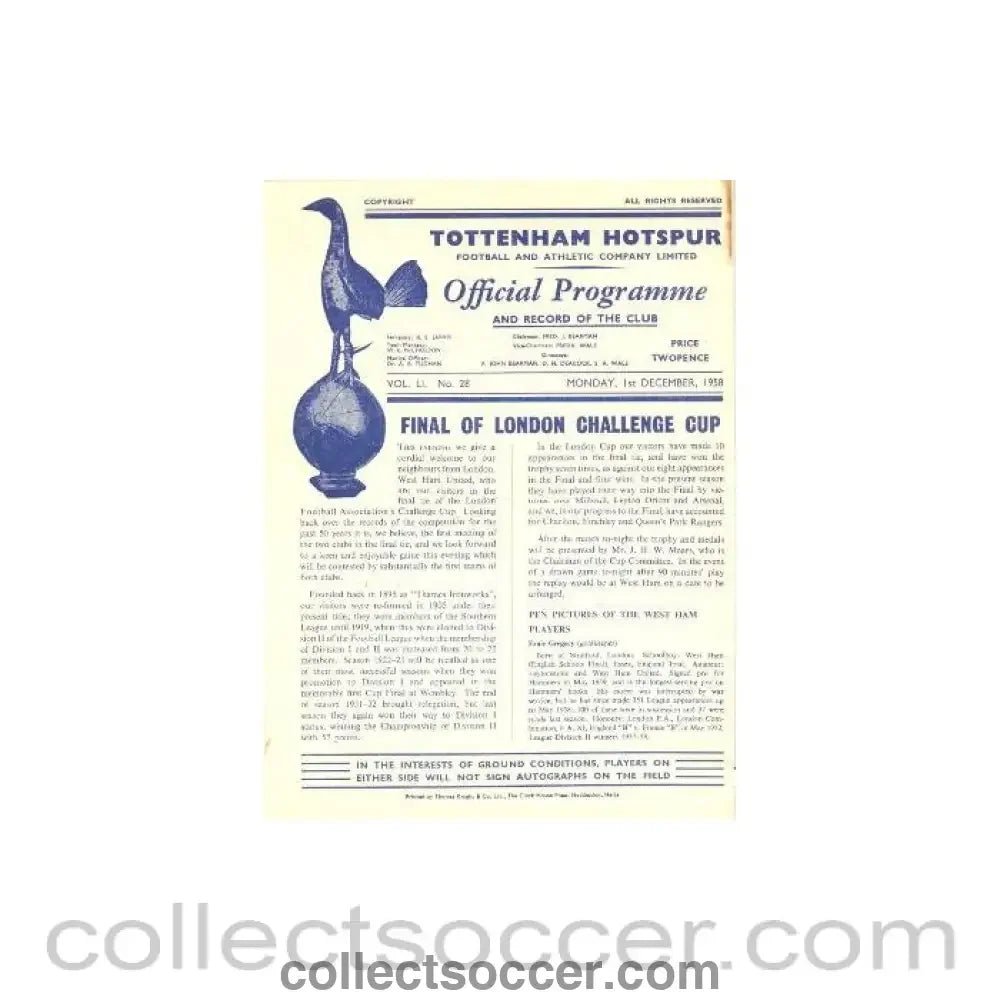 1958 - Tottenham Hotspur v West Ham United official programme 01/12/1958 London Challenge Cup Final - Collect Soccer