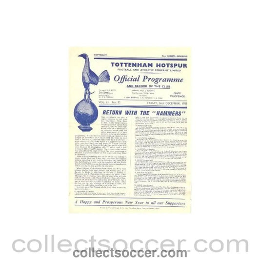 1958 - Tottenham Hotspur v West Ham United official programme 26/12/1958 Football League - Collect Soccer