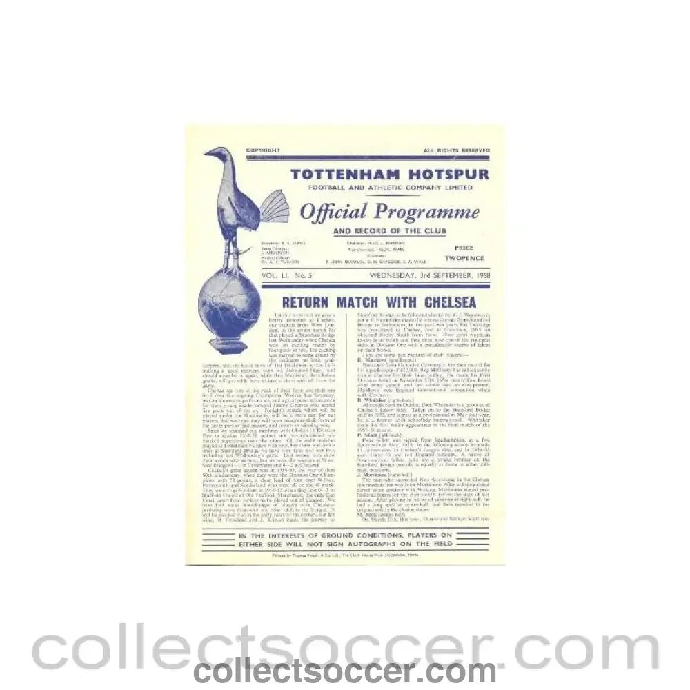 1958 - Tottenham Hotspur vChelsea official programme 03/09/1958 - Collect Soccer