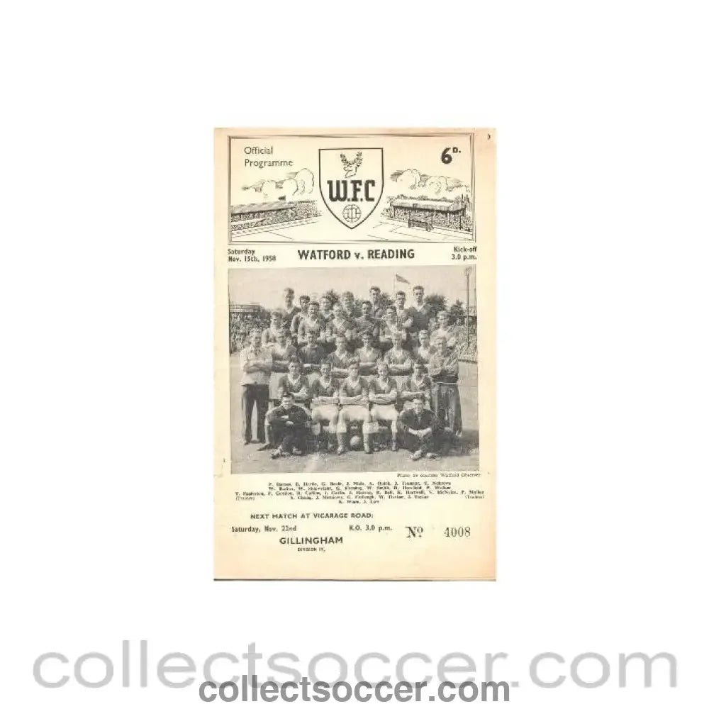 1958 - Watford v Reading official programme 15/11/1958 - Collect Soccer