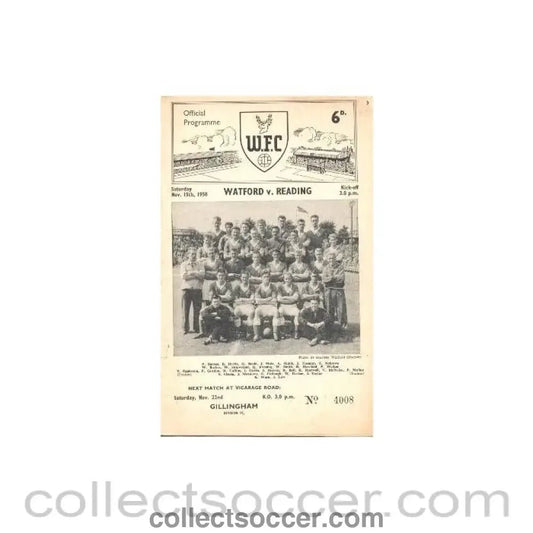 1958 - Watford v Reading official programme 15/11/1958 - Collect Soccer