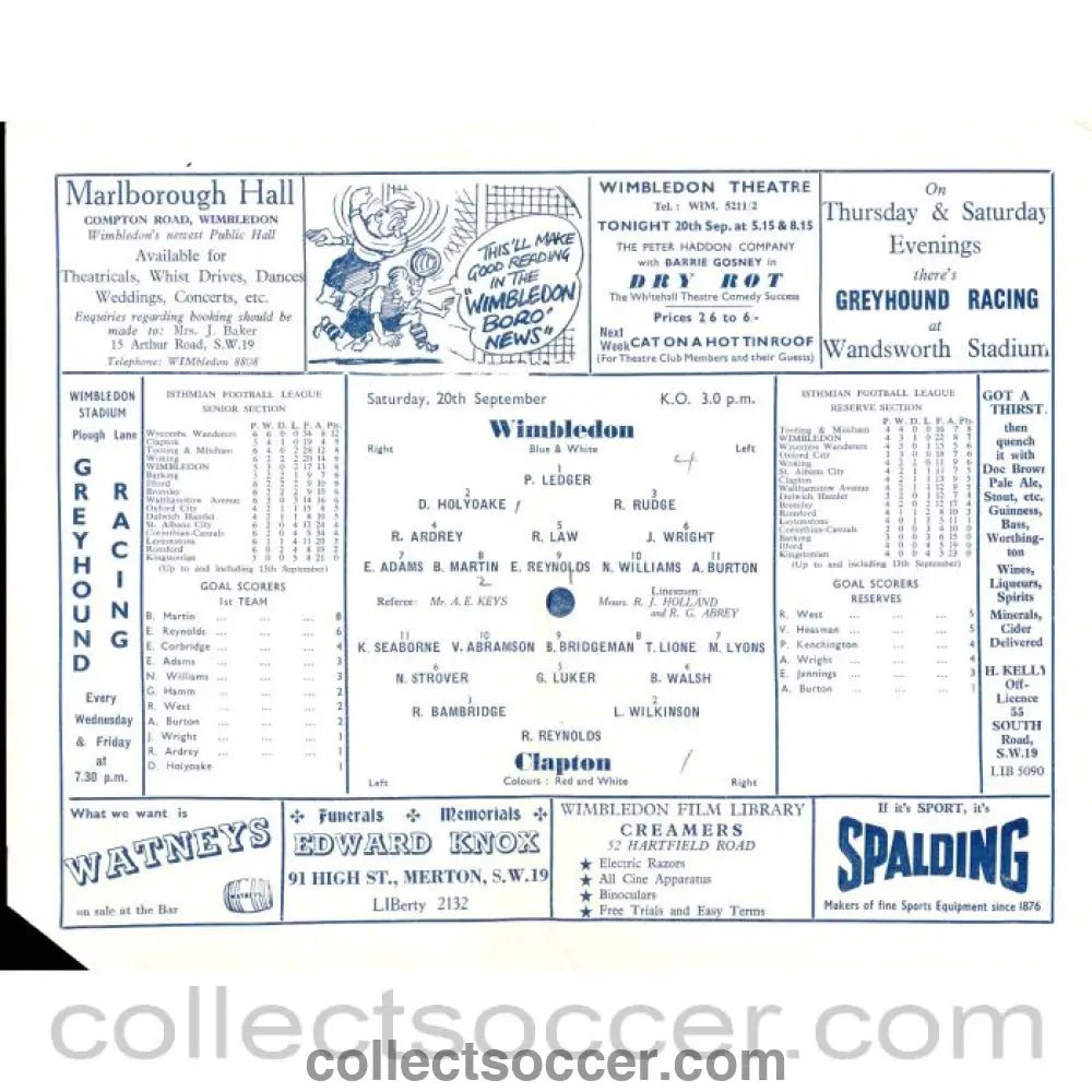 1958 - Wimbledon v Clapton 20/09/1958 Football Programme - Collect Soccer