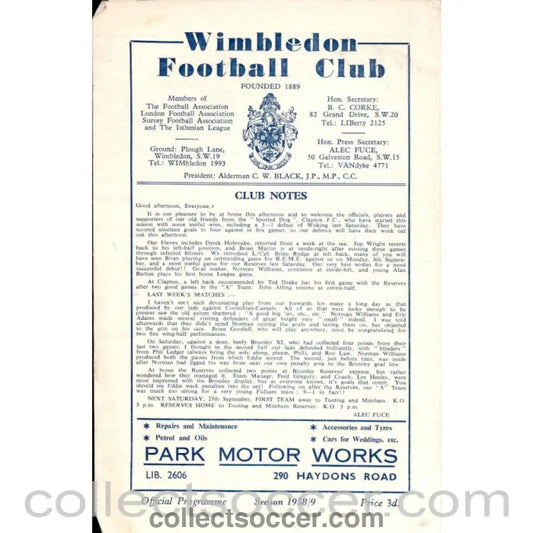 1958 - Wimbledon v Clapton 20/09/1958 Football Programme - Collect Soccer