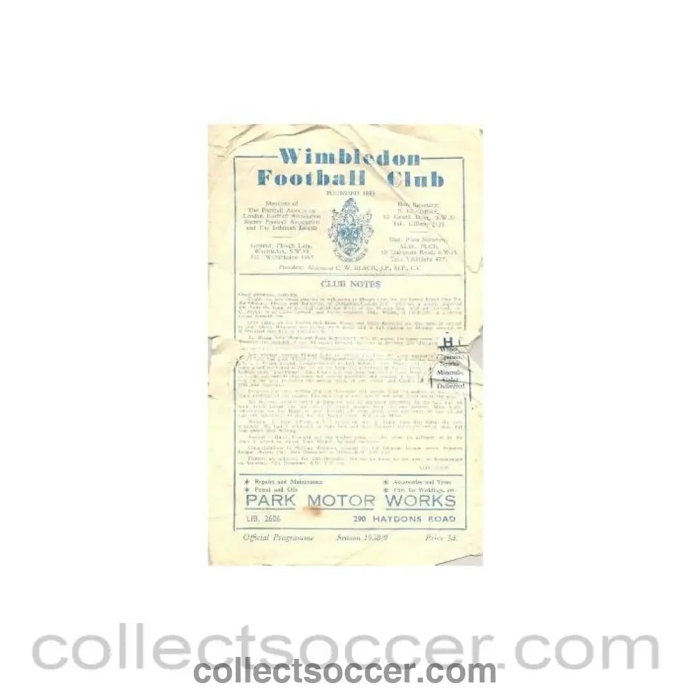 1958 - Wimbledon v Corinthian - Casuals official programme 13/12/1958 - Collect Soccer