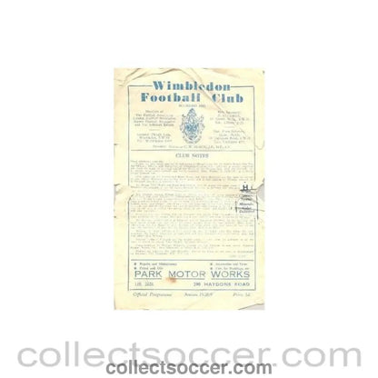 1958 - Wimbledon v Corinthian - Casuals official programme 13/12/1958 - Collect Soccer