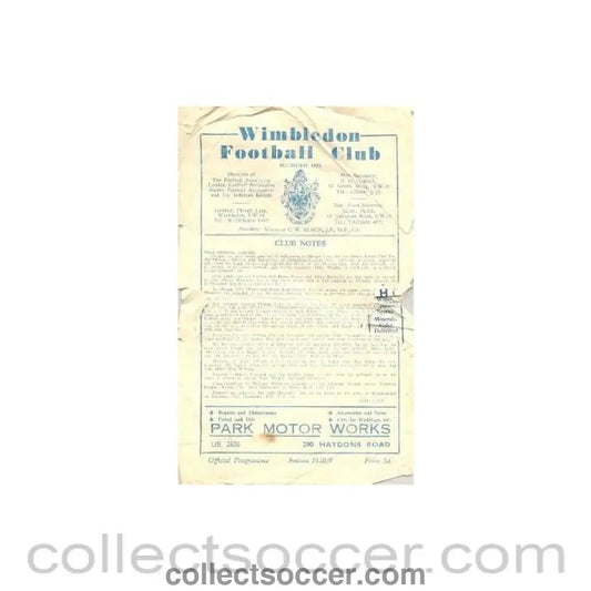 1958 - Wimbledon v Corinthian - Casuals official programme 13/12/1958 - Collect Soccer
