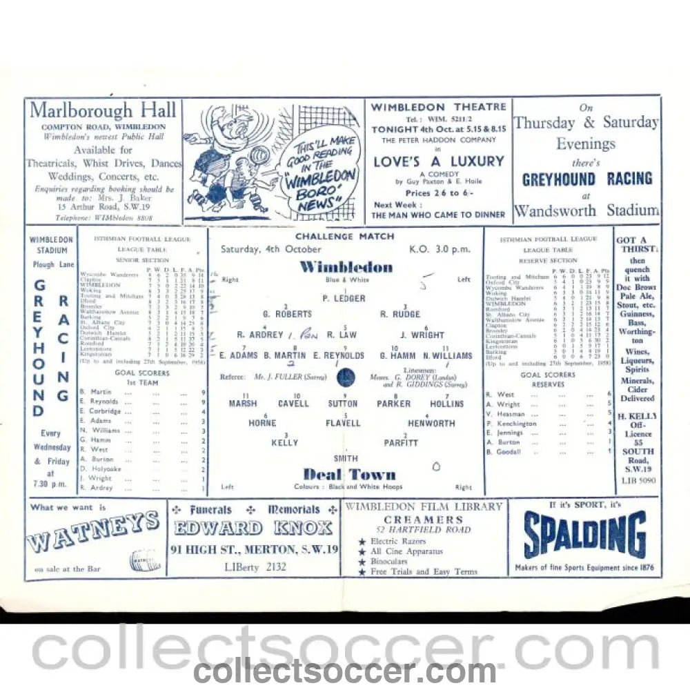 1958 - Wimbledon v Deal Town - Challenge Match 4/10/1958 Official Programme - Collect Soccer