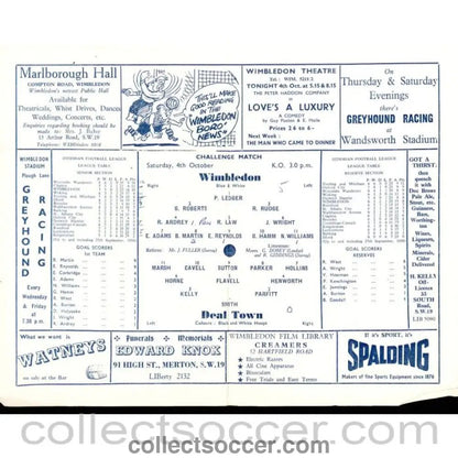 1958 - Wimbledon v Deal Town - Challenge Match 4/10/1958 Official Programme - Collect Soccer