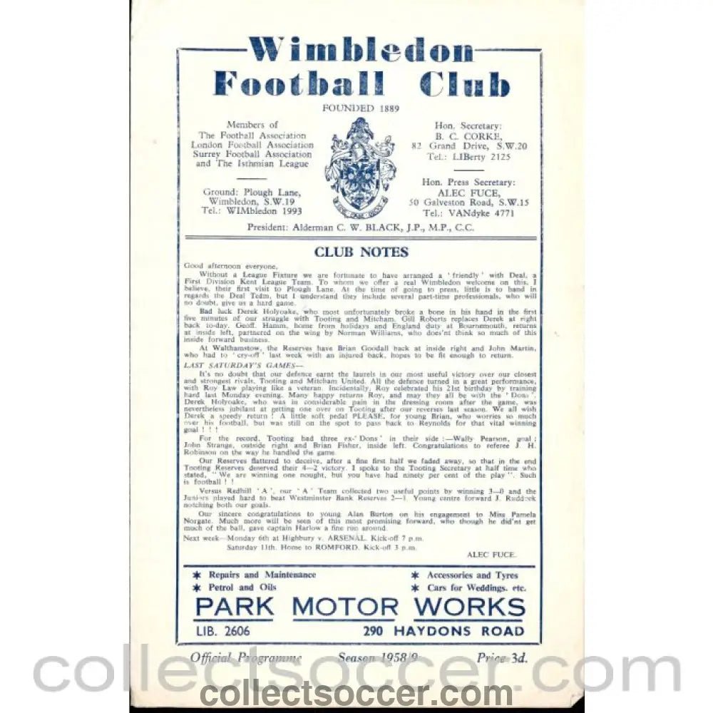 1958 - Wimbledon v Deal Town - Challenge Match 4/10/1958 Official Programme - Collect Soccer