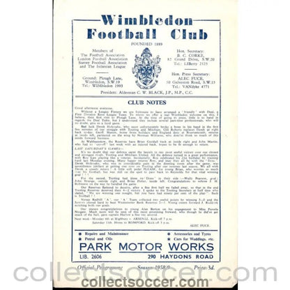 1958 - Wimbledon v Deal Town - Challenge Match 4/10/1958 Official Programme - Collect Soccer