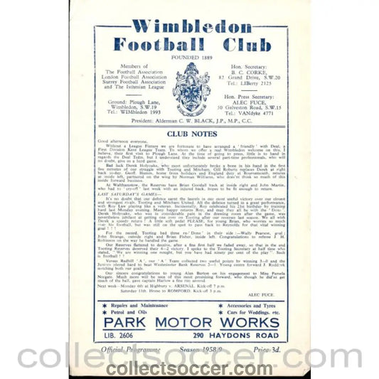1958 - Wimbledon v Deal Town - Challenge Match 4/10/1958 Official Programme - Collect Soccer