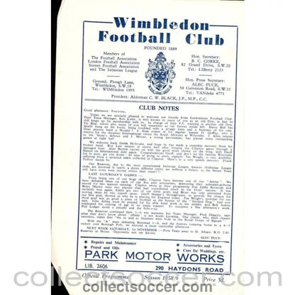 1958 - Wimbledon v Leytonstone 25/10/1958 Football Programme - Collect Soccer