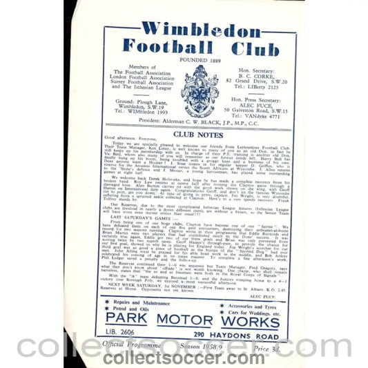 1958 - Wimbledon v Leytonstone 25/10/1958 Football Programme - Collect Soccer