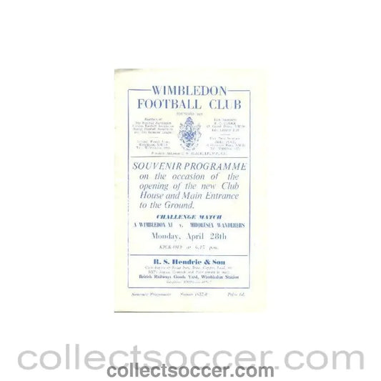 1958 - Wimbledon v Middlesex Wanderers official programme 28/04/1958 - Collect Soccer