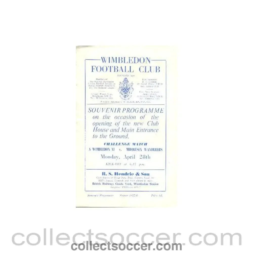 1958 - Wimbledon v Middlesex Wanderers official programme 28/04/1958 - Collect Soccer