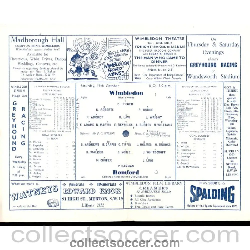 1958 - Wimbledon v Romford 11/10/1958 Official Programme - Collect Soccer