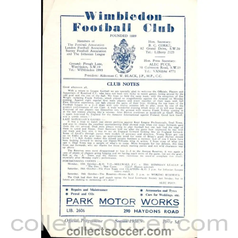 1958 - Wimbledon v Romford 11/10/1958 Official Programme - Collect Soccer