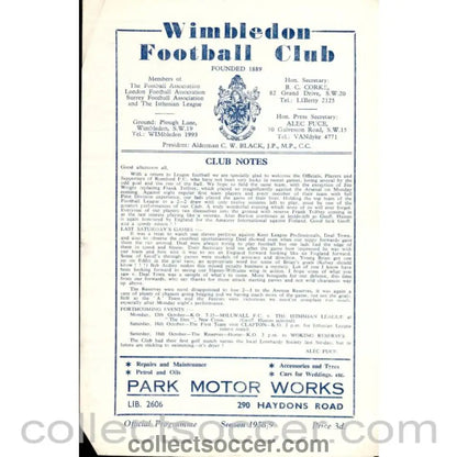 1958 - Wimbledon v Romford 11/10/1958 Official Programme - Collect Soccer