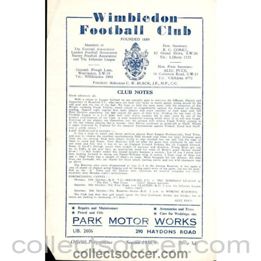 1958 - Wimbledon v Romford 11/10/1958 Official Programme - Collect Soccer
