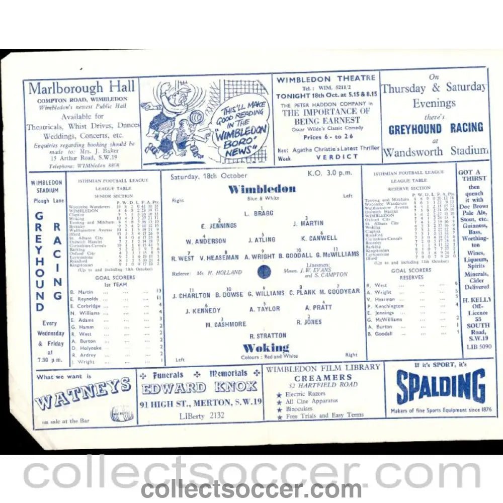 1958 - Wimbledon v Woking 18/10/1958 Official Programme - Collect Soccer