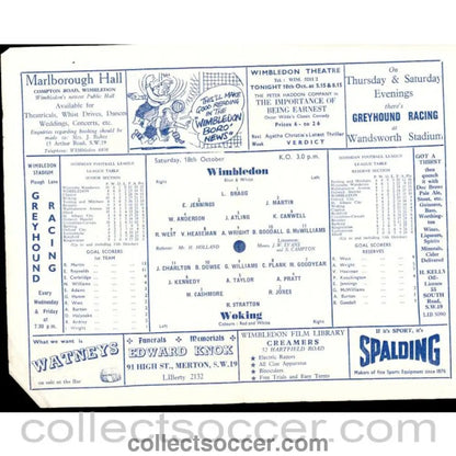 1958 - Wimbledon v Woking 18/10/1958 Official Programme - Collect Soccer