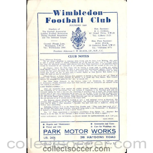 1958 - Wimbledon v Woking 18/10/1958 Official Programme - Collect Soccer