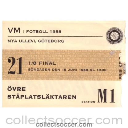 1958 World Cup Original Ticket Brazil v Russia 15/6/1958 - Collect Soccer