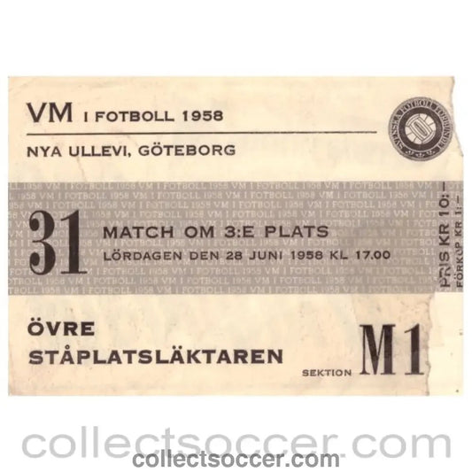 1958 World Cup Original Ticket France v West Germany 28/06/1958 - Collect Soccer