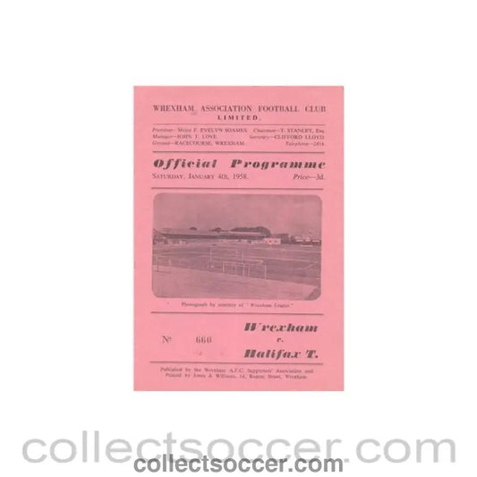 1958 - Wrexham v Halifax Town official programme 04/01/1958 Football League - Collect Soccer