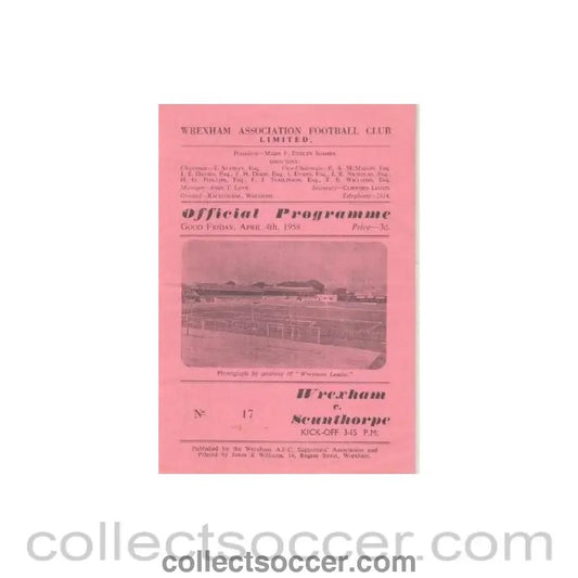 1958 - Wrexham v Scunthorpe official programme 04/04/1958 League - Collect Soccer