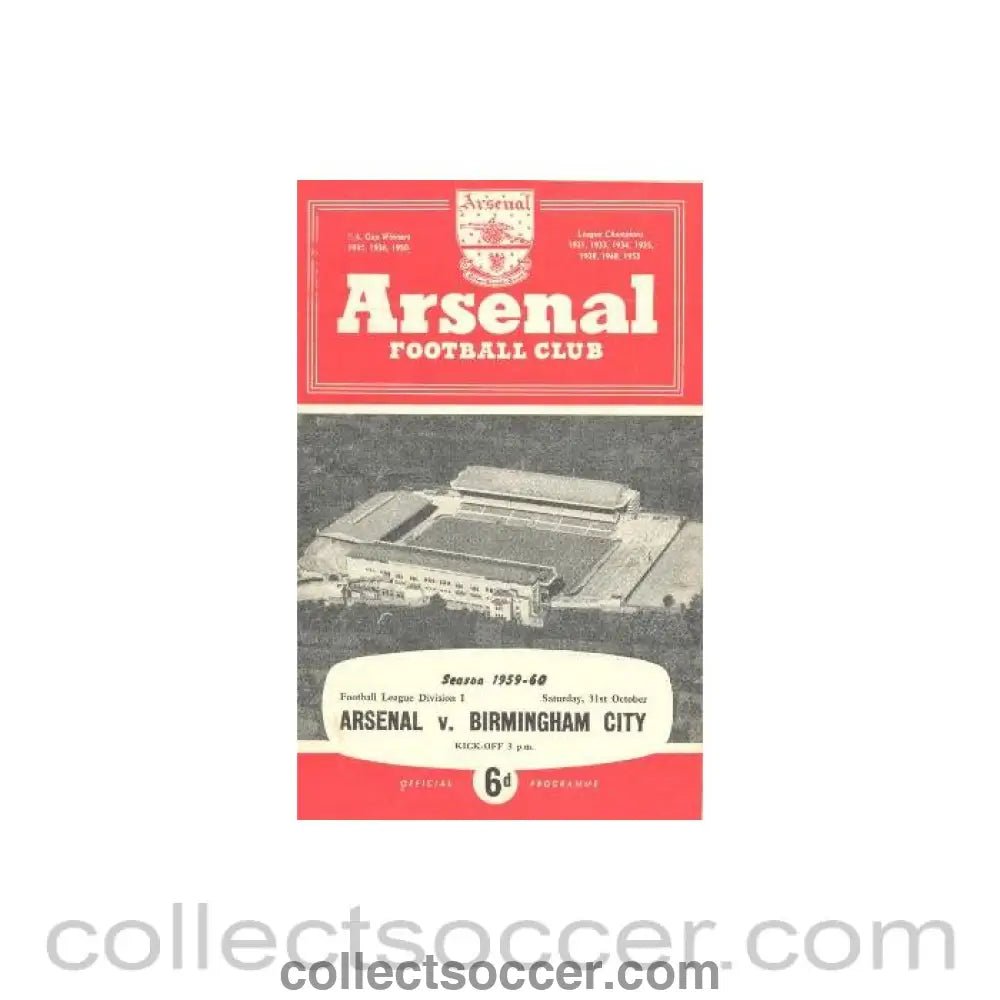 1959 - Arsenal v Birmingham City official programme 31/10/1959 - Collect Soccer