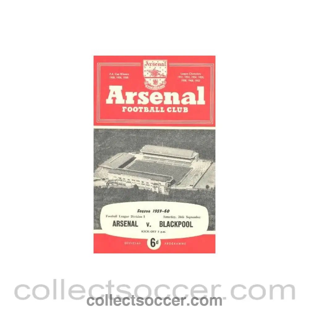 1959 - Arsenal v Blackpool official programme 26/09/1959 - Collect Soccer