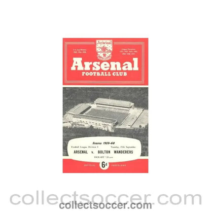 1959 - Arsenal v Bolton Wanderers official programme 15/09/1959 - Collect Soccer