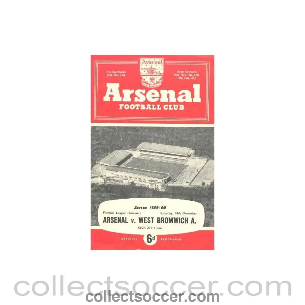 1959 - Arsenal v Westbromwich Albion official programme 28/11/1959