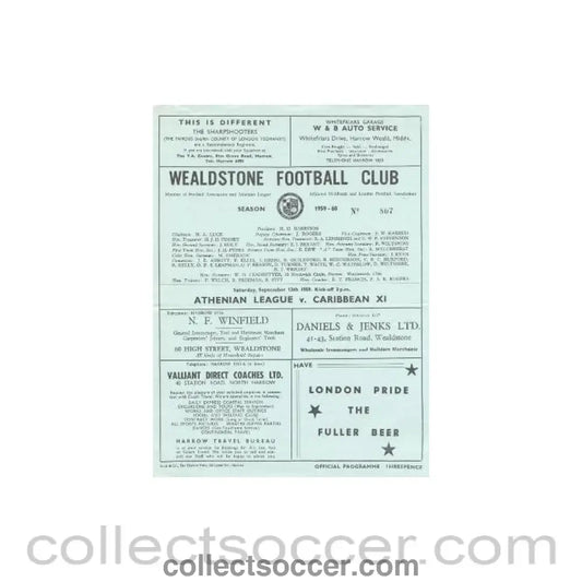 1959 - At Wealdstone - Athenian League v Caribbean XI official programme 12/09/1959 - Collect Soccer