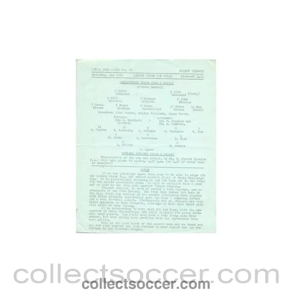 1959 - Bexleyheath Colts v Chelsea Juniors official programme 10/05/1959 London Minor Cup Final - Collect Soccer