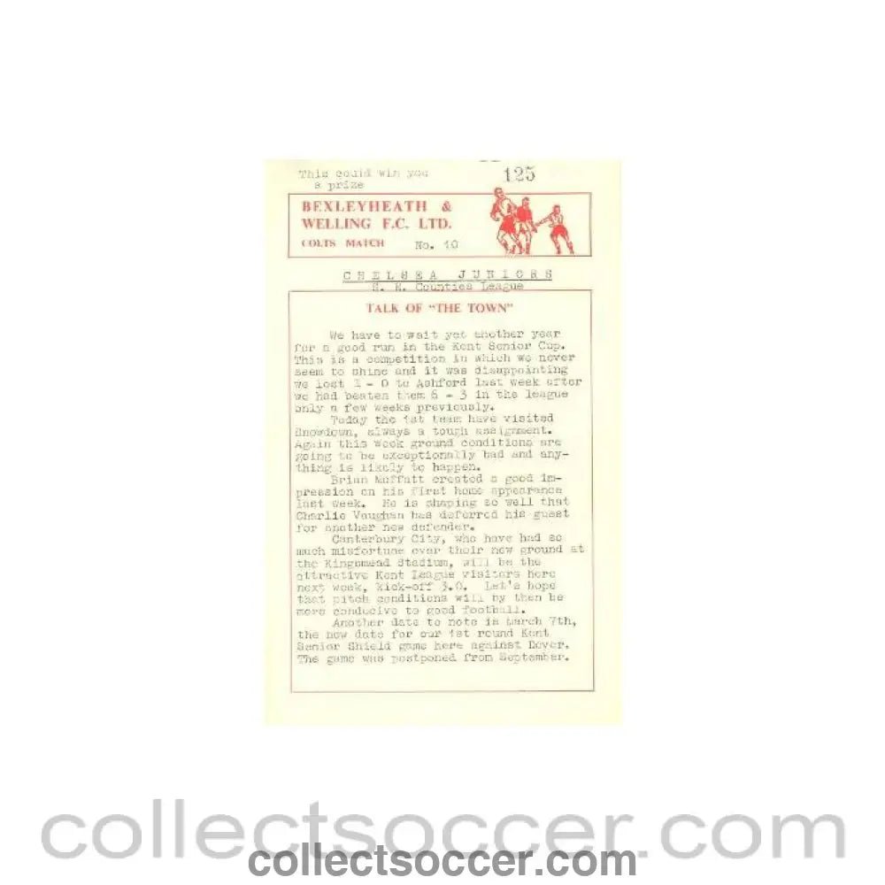 1959 - Bexleyheath Colts vChelsea Juniors official programme 24/01/1959 - Collect Soccer