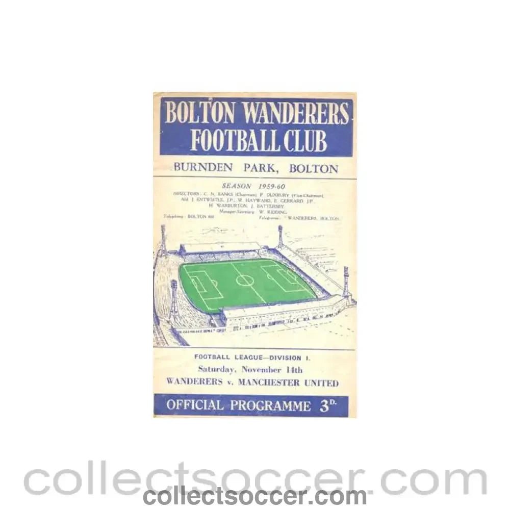 1959 - Bolton Wanderers v Manchester United official programme 14/11/1959 Football League - Collect Soccer
