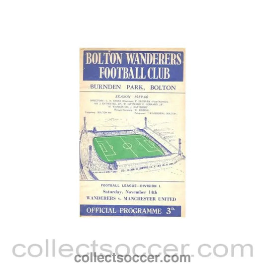 1959 - Bolton Wanderers v Manchester United official programme 14/11/1959 Football League - Collect Soccer