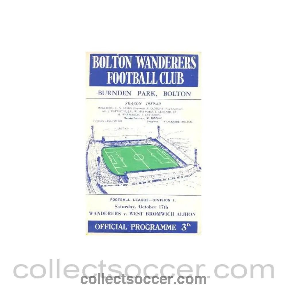 1959 - Bolton Wanderers v West Bromwich Albion official programme 17/10/1959 Football League - Collect Soccer