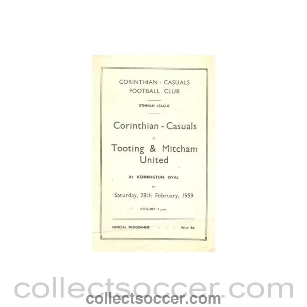 1959 - Corinthian Casuals v Tooting & Mitcham United official programme 28/02/1959 - Collect Soccer