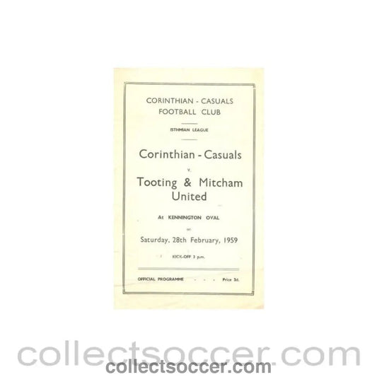 1959 - Corinthian Casuals v Tooting & Mitcham United official programme 28/02/1959 - Collect Soccer