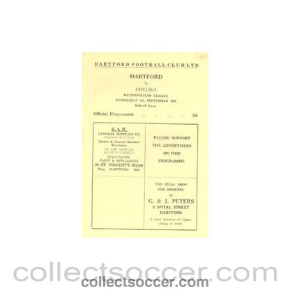 1959 - Dartford vChelsea Metropolitan League official programme 09/09/1959 - Collect Soccer