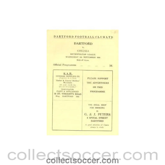1959 - Dartford vChelsea Metropolitan League official programme 09/09/1959