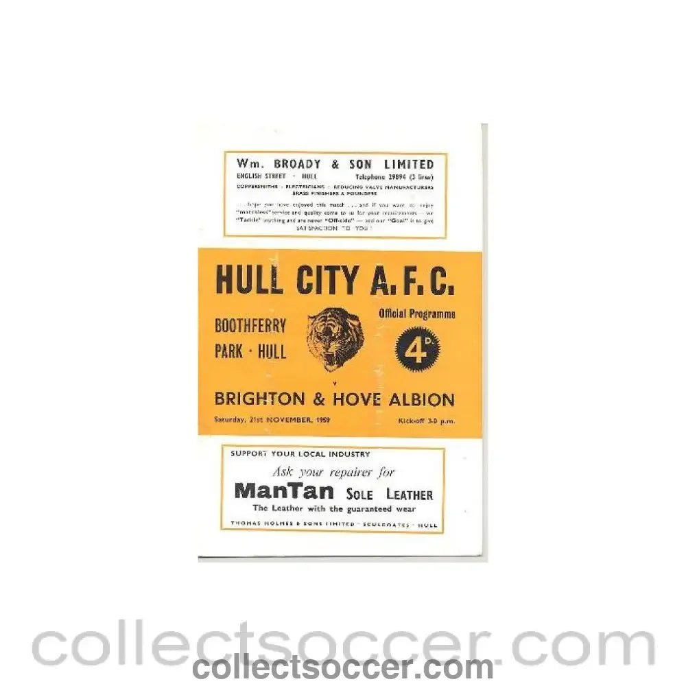 1959 - Hull City v Brighton & Hove official programme 21/11/1959 - Collect Soccer